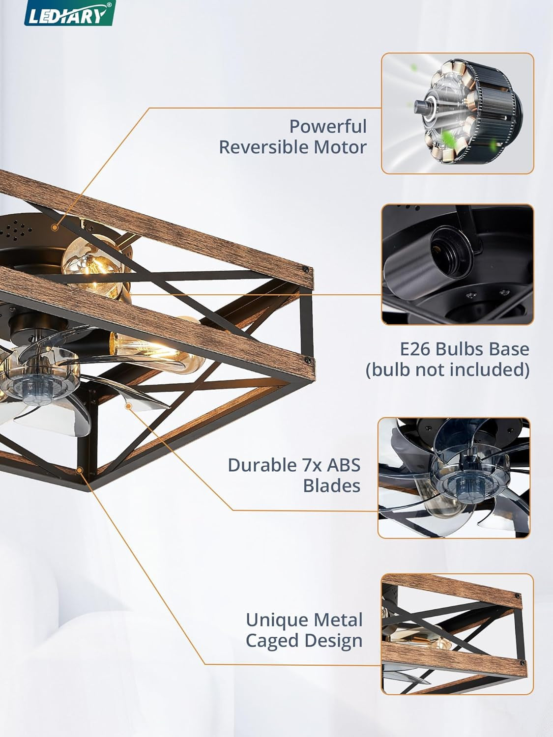 Caged Low Profile Ceiling Fans with Lights and Remote, Rustic Square