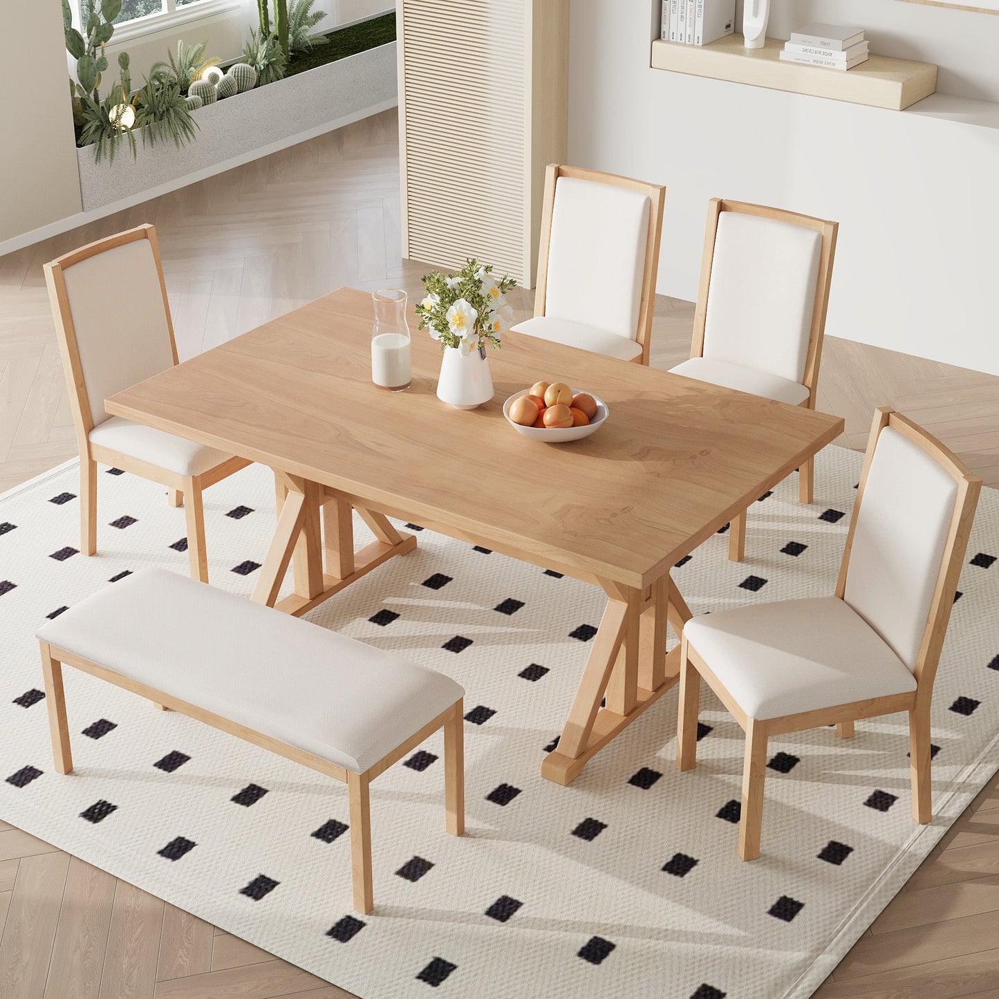 Farmhouse Classical 6-Piece Dining Table Set with Trestle Legs,Kitchen - Festival Furnish