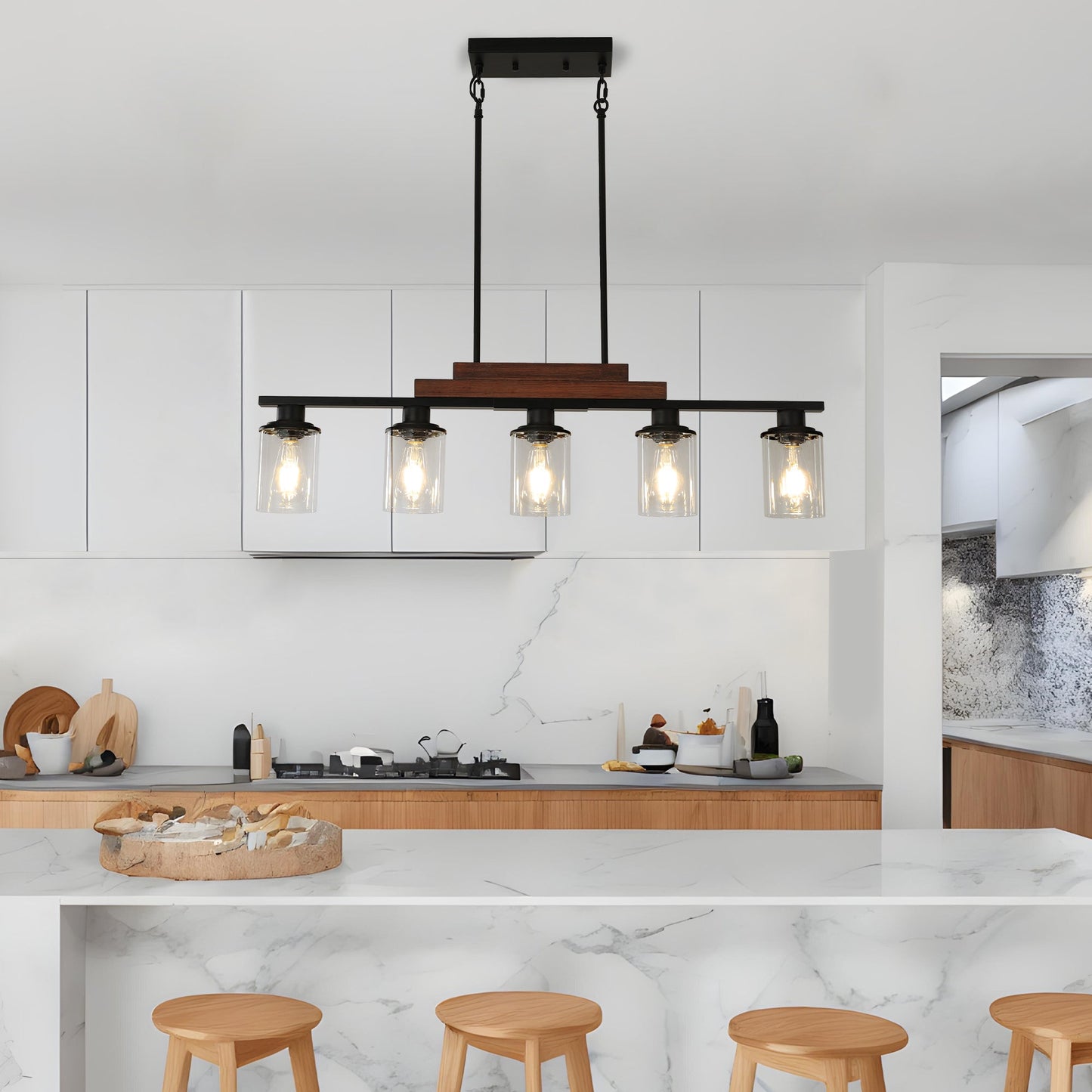Farmhouse Industrial 5-Light Kitchen Island Pendant Light, Metal Wood - Festival Furnish