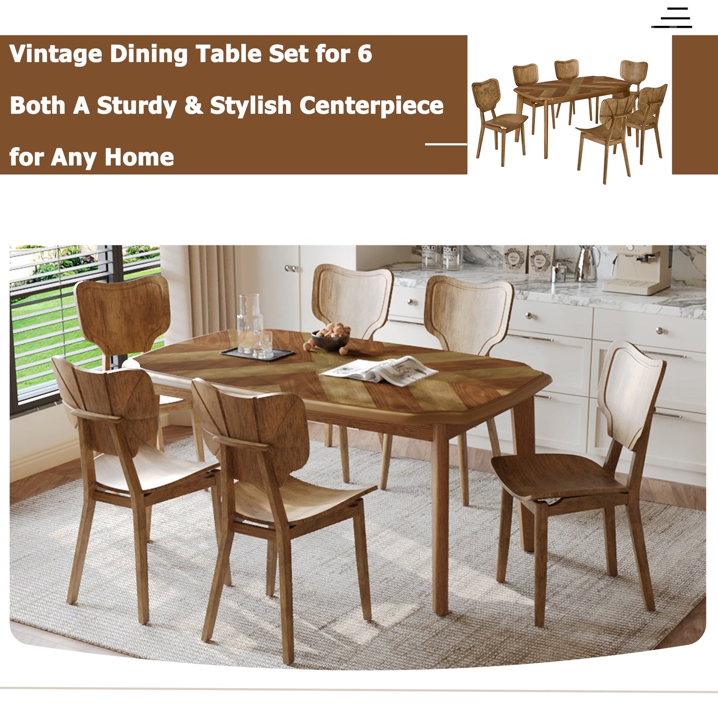 Vintage 7-Piece Dining Table Set with 6 Dining Chairs,Kitchen Table - Festival Furnish