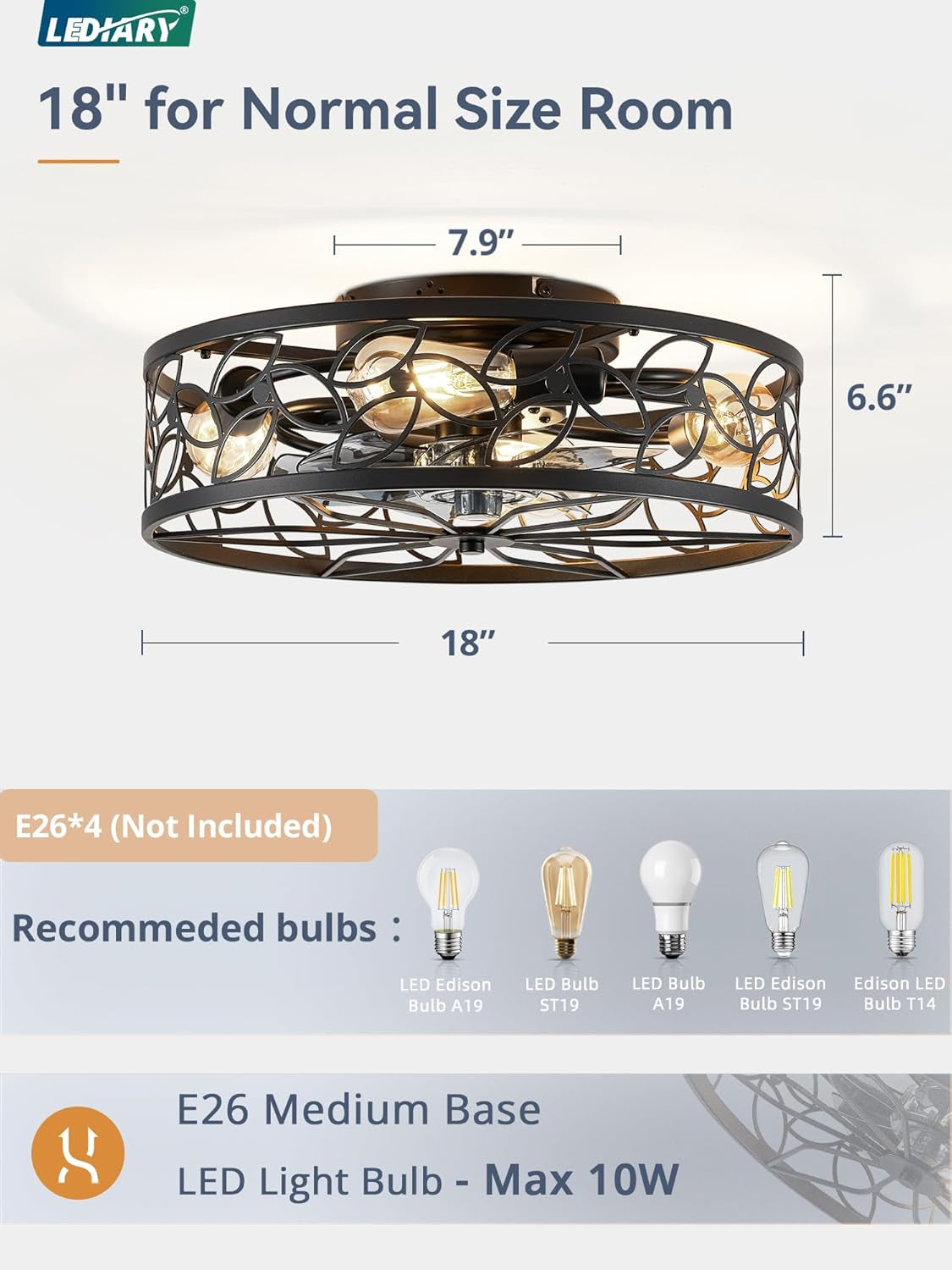 Caged Ceiling Fans with Lights, Black Flush Mount Ceiling Fan with