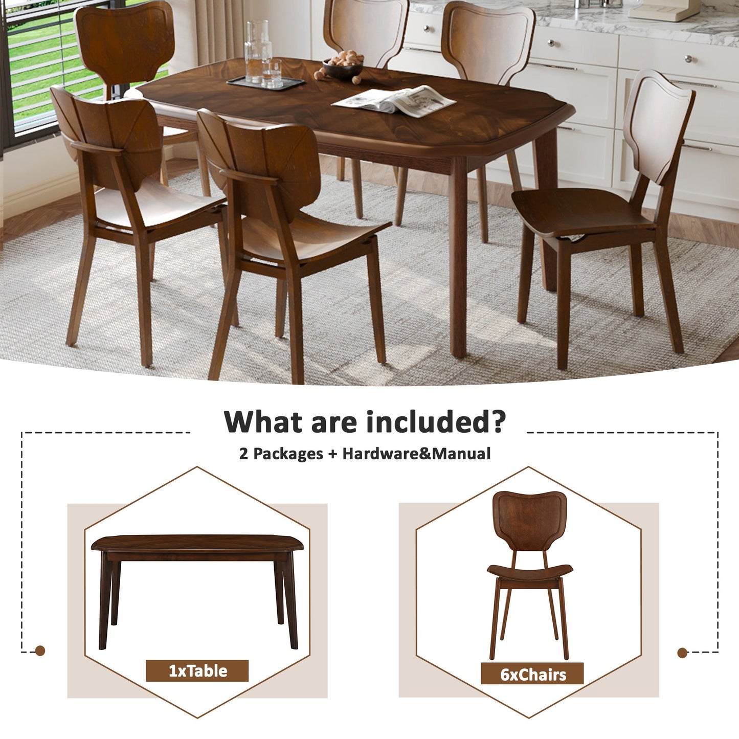 Vintage 7-Piece Dining Table Set with 6 Dining Chairs,Kitchen Table - Festival Furnish