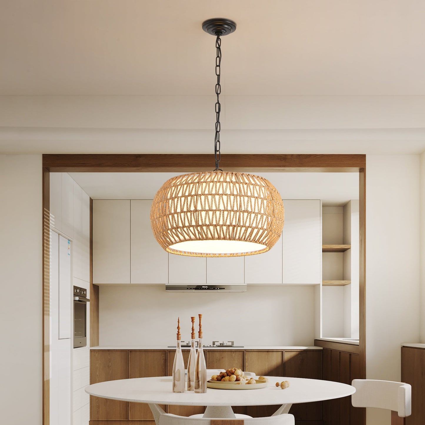 Farmhouse Pendant Light with Adjustable Height, Boho Woven Jute Rope