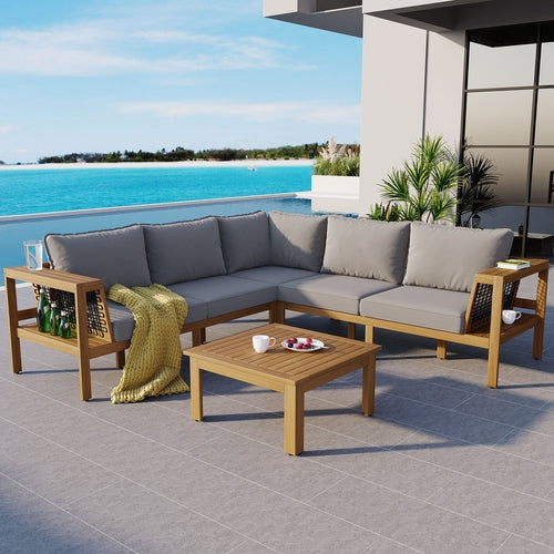 4 Pieces Outdoor Acacia Wood Sofa Set, Woven Mesh Armrests, L-Shaped - Festival Furnish