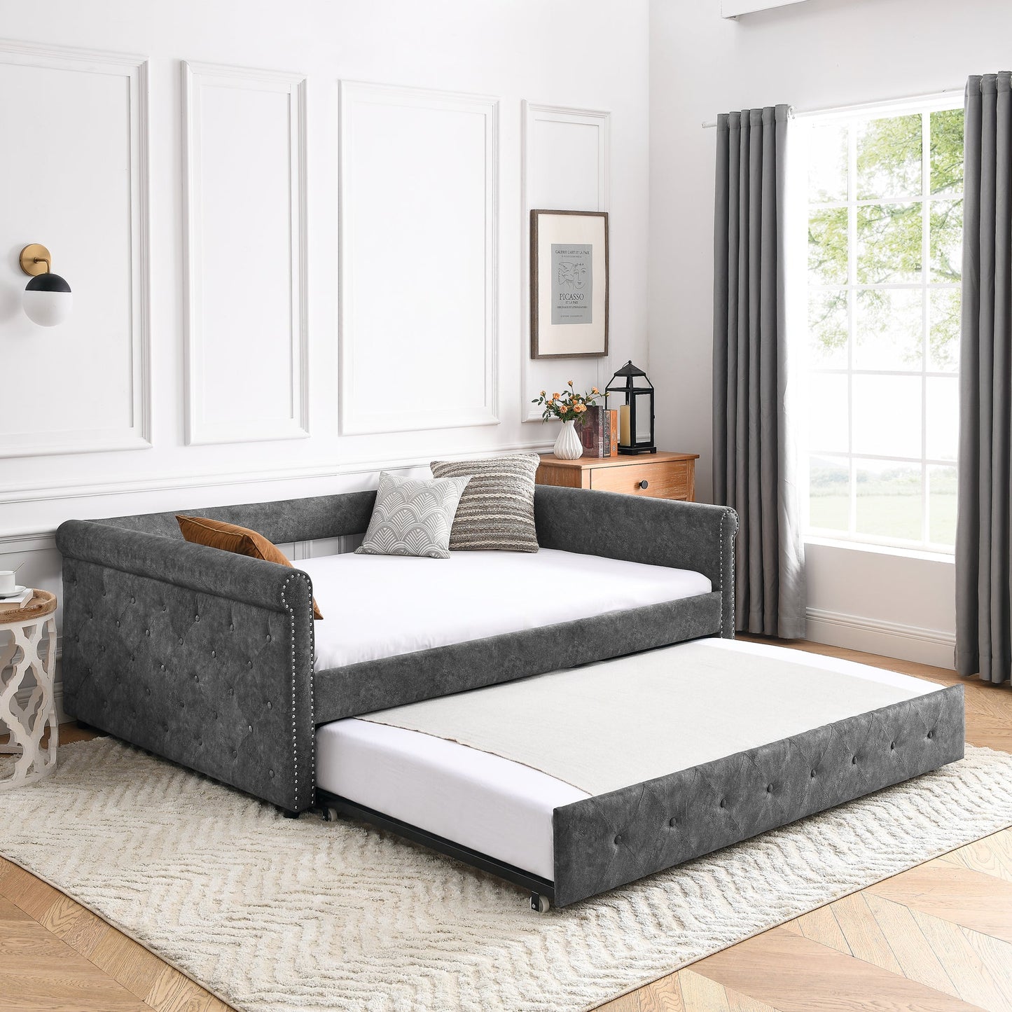 Daybed with Trundle Upholstered Tufted Sofa Bed, with Button and - Festival Furnish