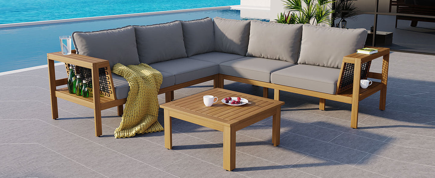 4 Pieces Outdoor Acacia Wood Sofa Set, Woven Mesh Armrests, L-Shaped - Festival Furnish