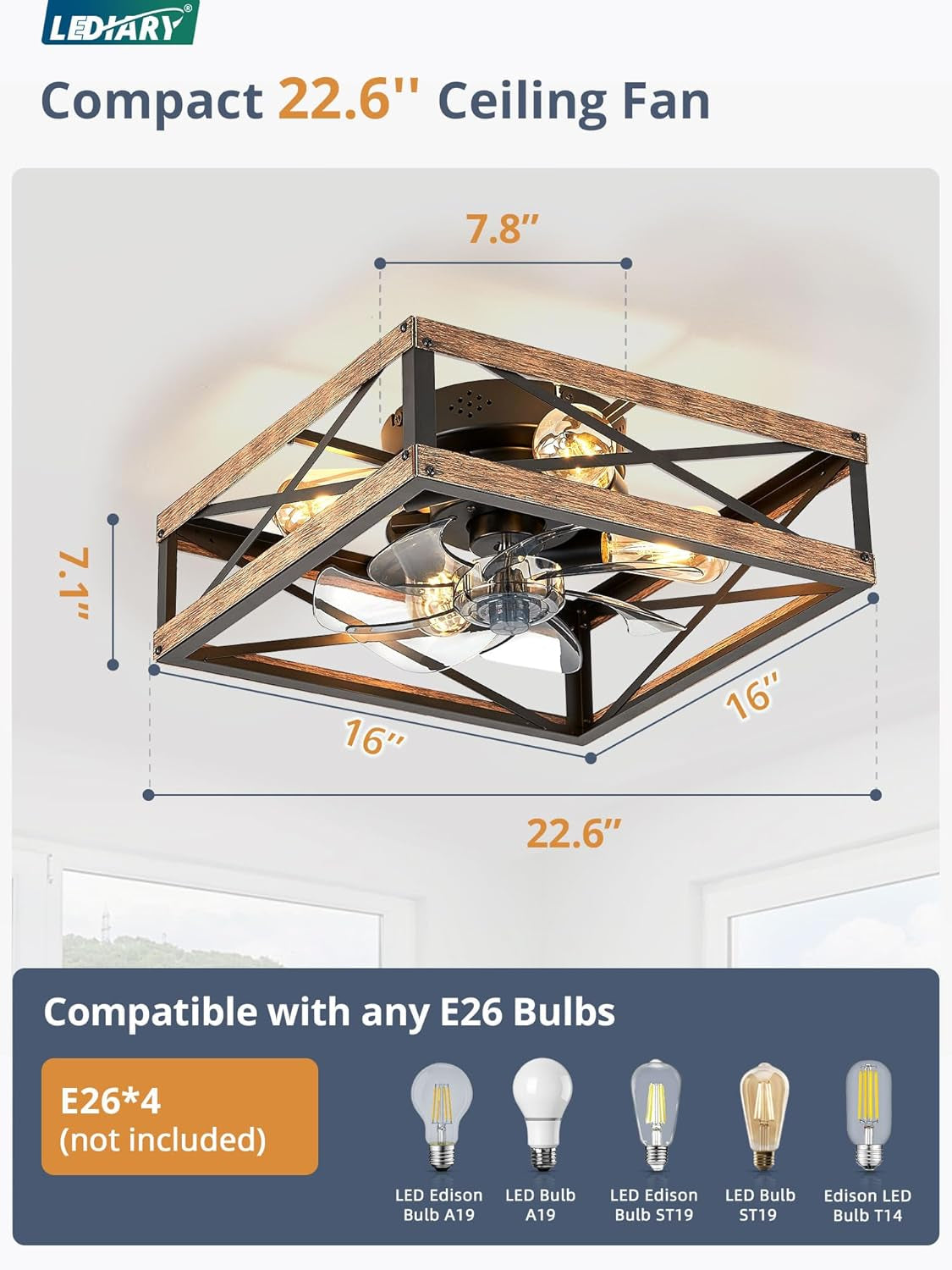 Caged Low Profile Ceiling Fans with Lights and Remote, Rustic Square
