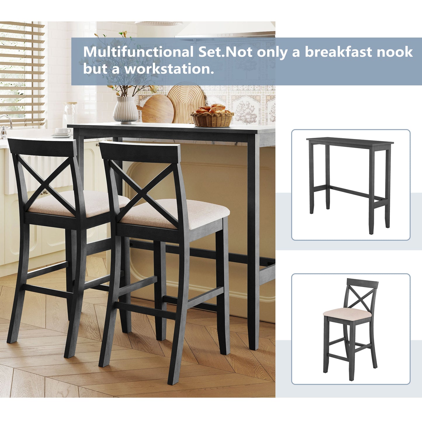 Farmhouse 48"Rectangular Wood Bar Height Dining Set Kitchen Breakfast - Festival Furnish
