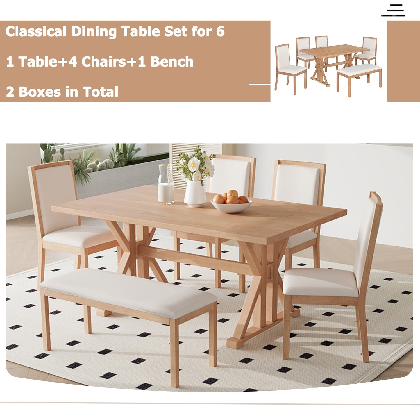 Farmhouse Classical 6-Piece Dining Table Set with Trestle Legs,Kitchen - Festival Furnish