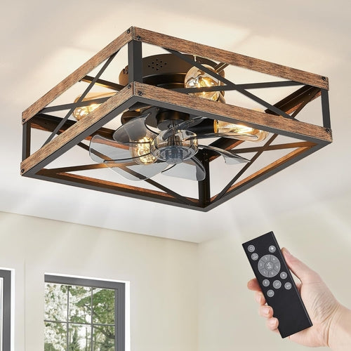Caged Low Profile Ceiling Fans with Lights and Remote, Rustic Square