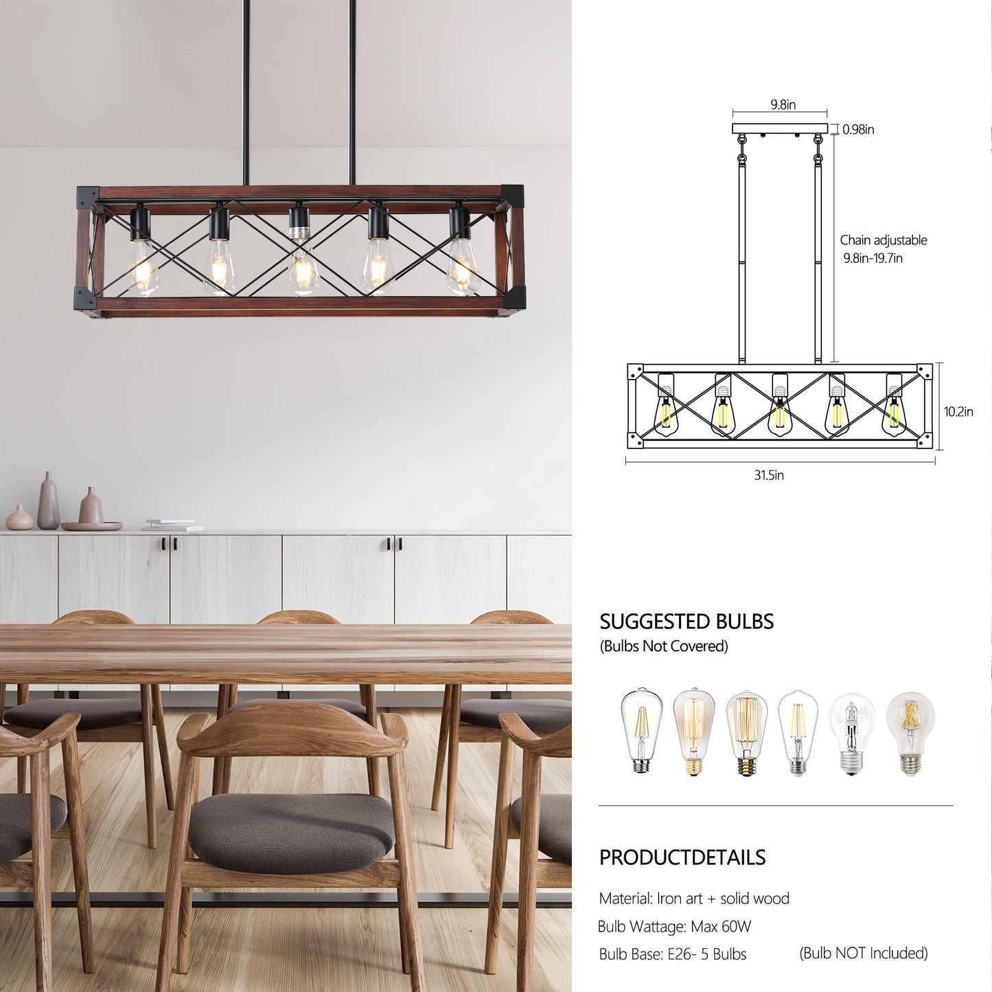 5-Light Retro Farmhouse Chandelier For Kitchen, Living room, Dining - Festival Furnish