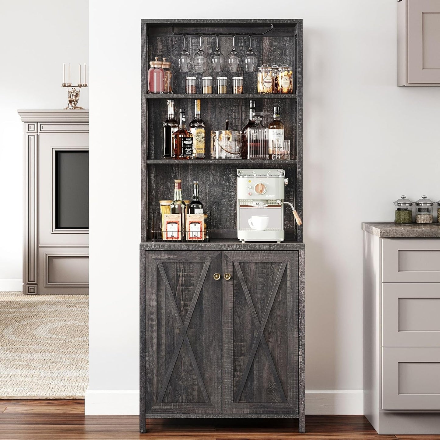 67" Tall Wine Bar Cabinet for Liquor and Glasses, Farmhouse Kitchen - Festival Furnish