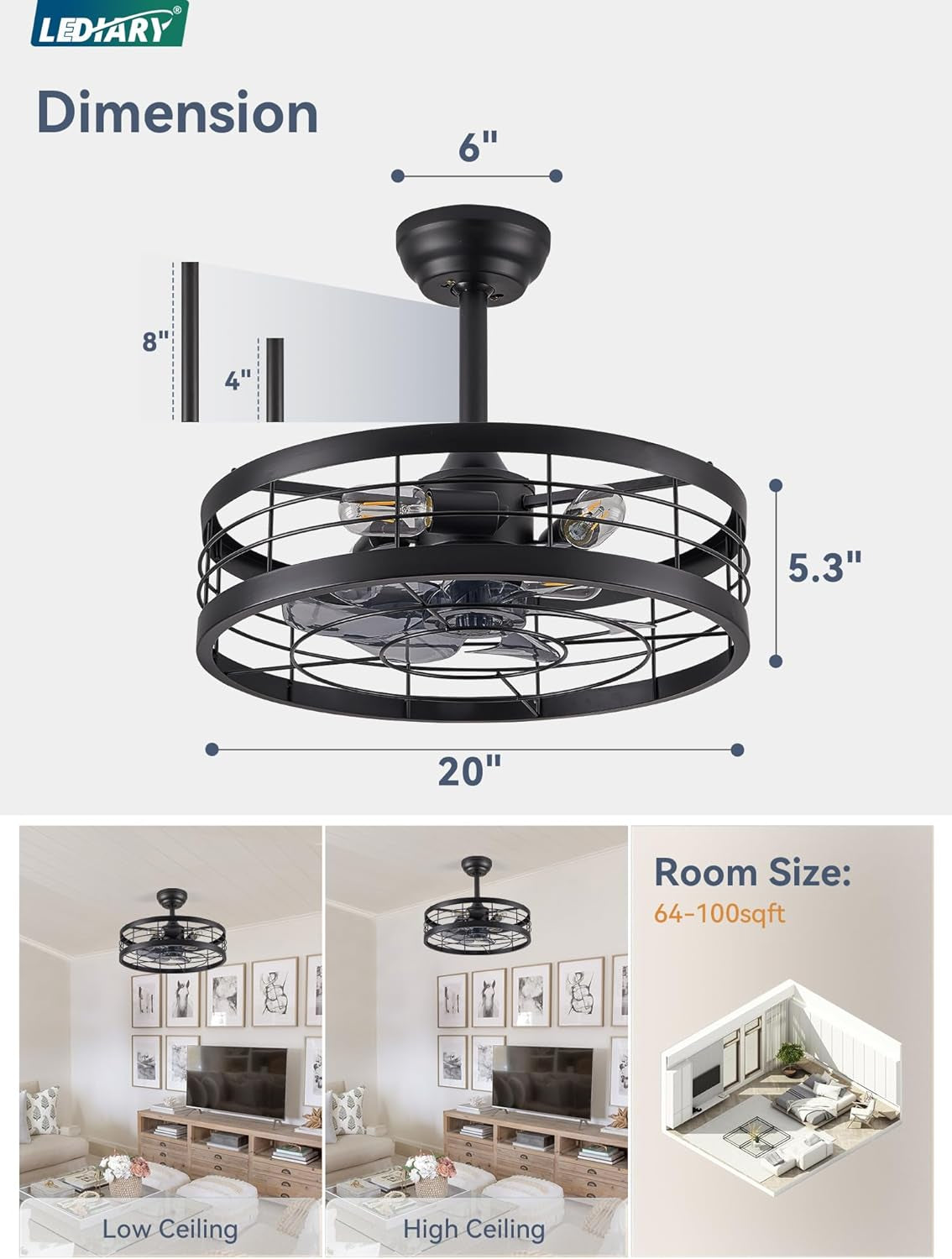 20 Inch Fandelier Caged Ceiling Fan with Light, Bladeless Ceiling Fan
