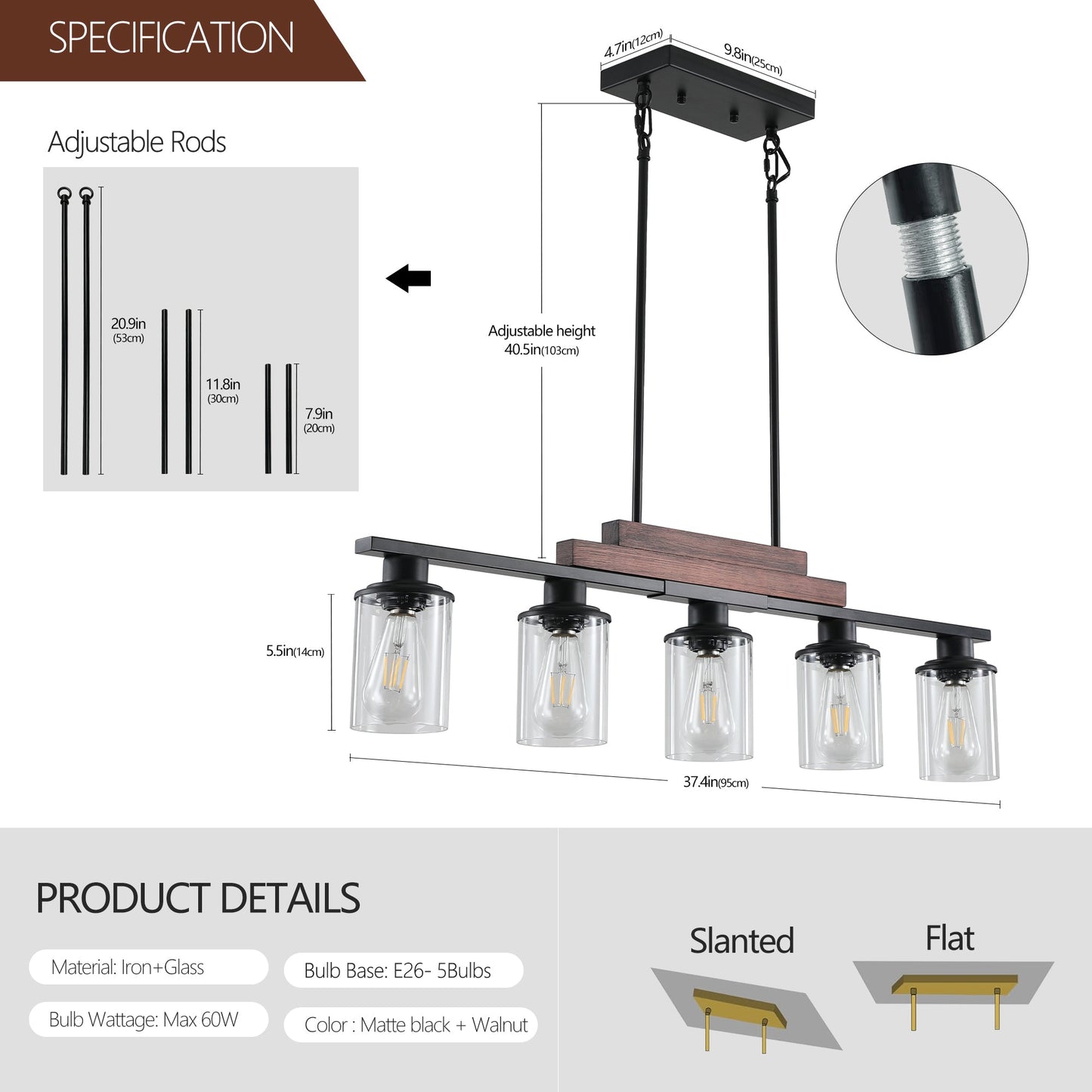 Farmhouse Industrial 5-Light Kitchen Island Pendant Light, Metal Wood - Festival Furnish