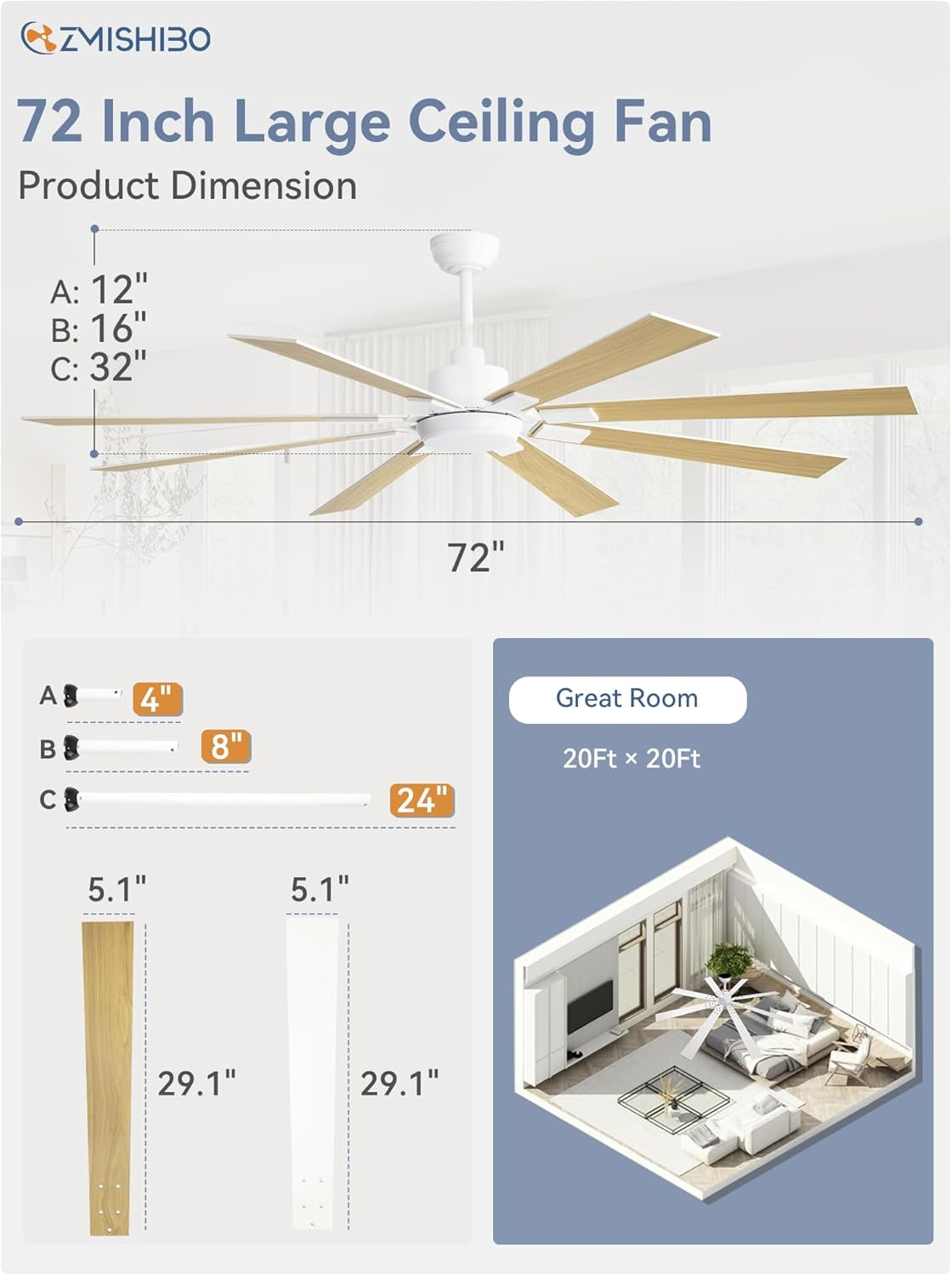 72 Inch White Ceiling Fans with Lights and Remote, Indoor/Outdoor