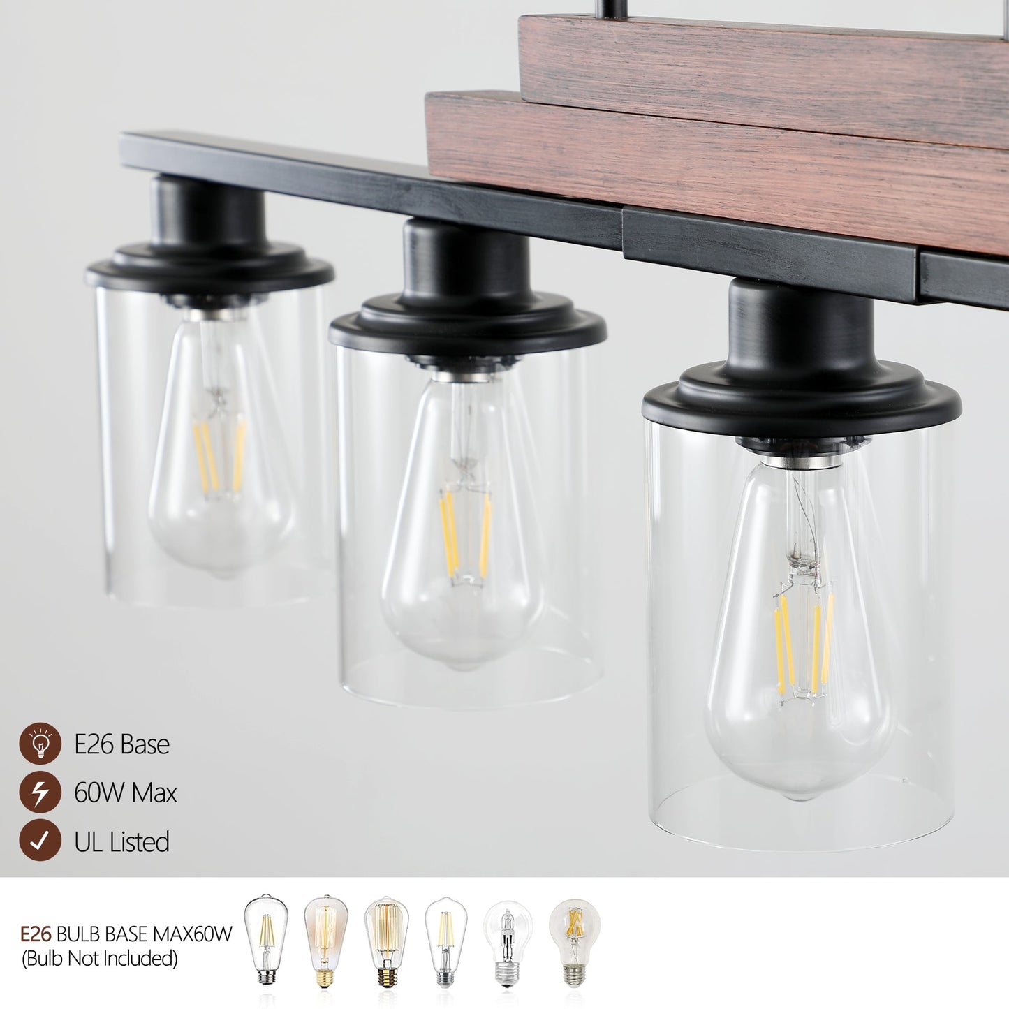 Farmhouse Industrial 5-Light Kitchen Island Pendant Light, Metal Wood - Festival Furnish