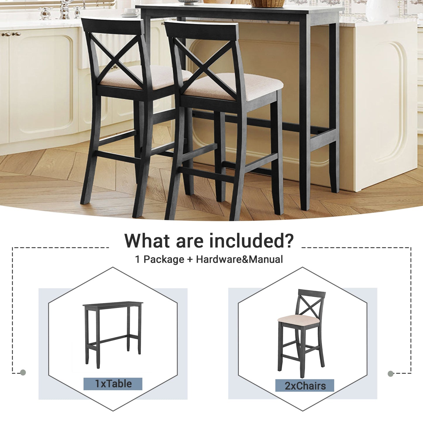 Farmhouse 48"Rectangular Wood Bar Height Dining Set Kitchen Breakfast - Festival Furnish