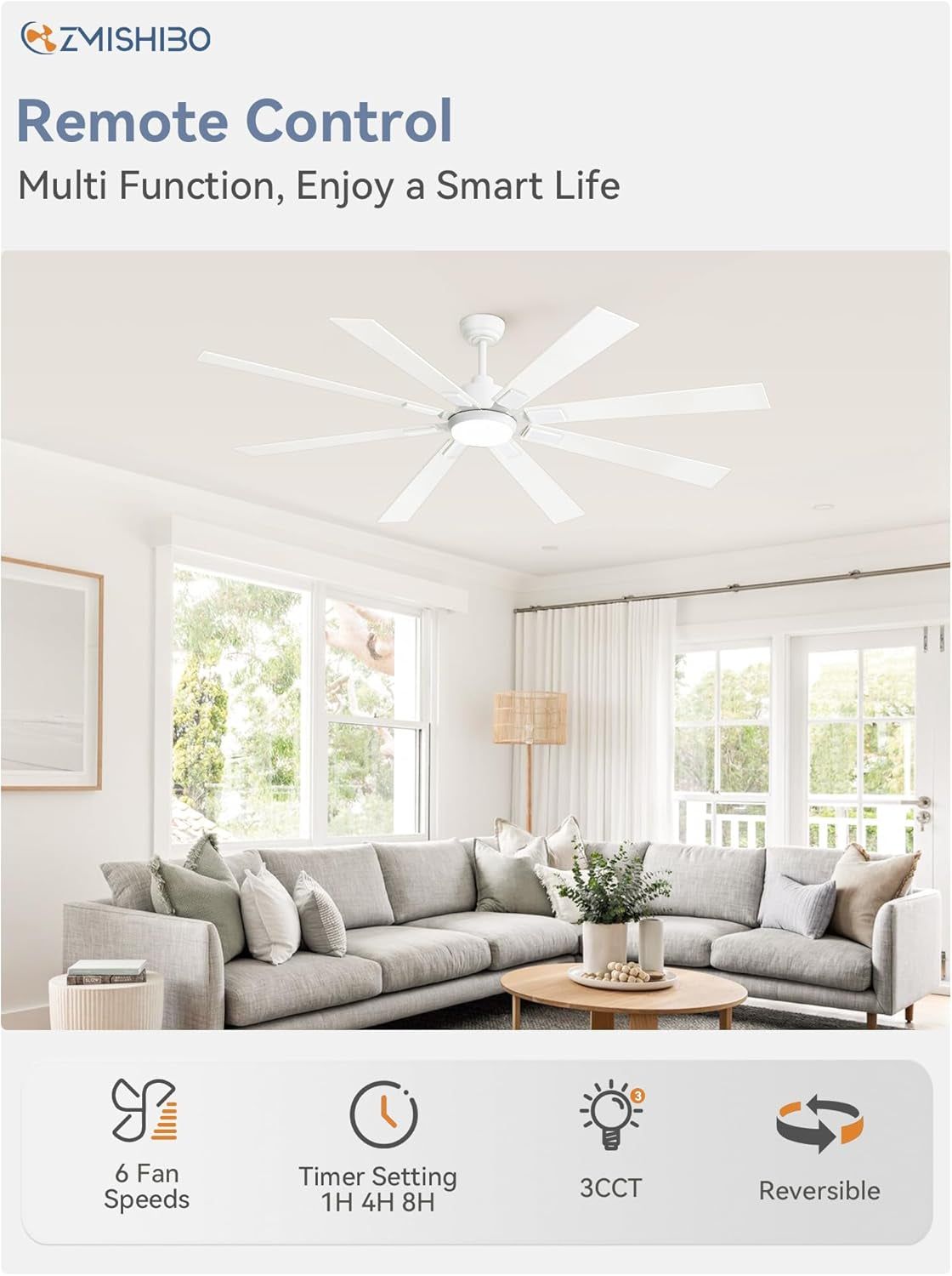 72 Inch White Ceiling Fans with Lights and Remote, Indoor/Outdoor