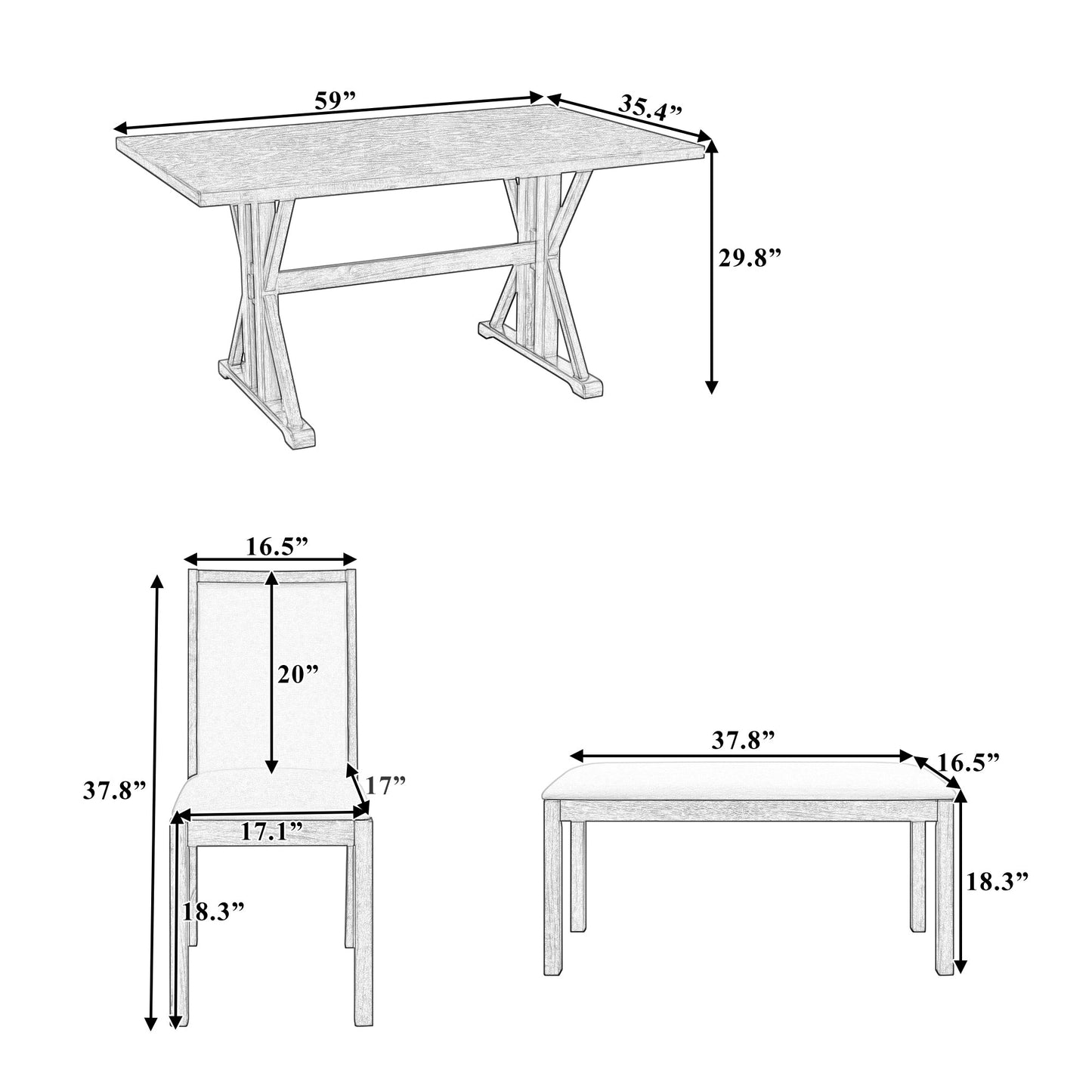 Farmhouse Classical 6-Piece Dining Table Set with Trestle Legs,Kitchen - Festival Furnish