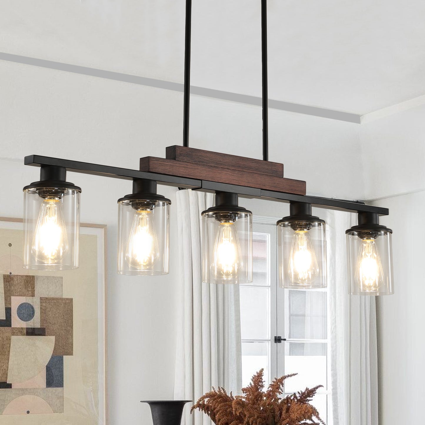 Farmhouse Industrial 5-Light Kitchen Island Pendant Light, Metal Wood - Festival Furnish