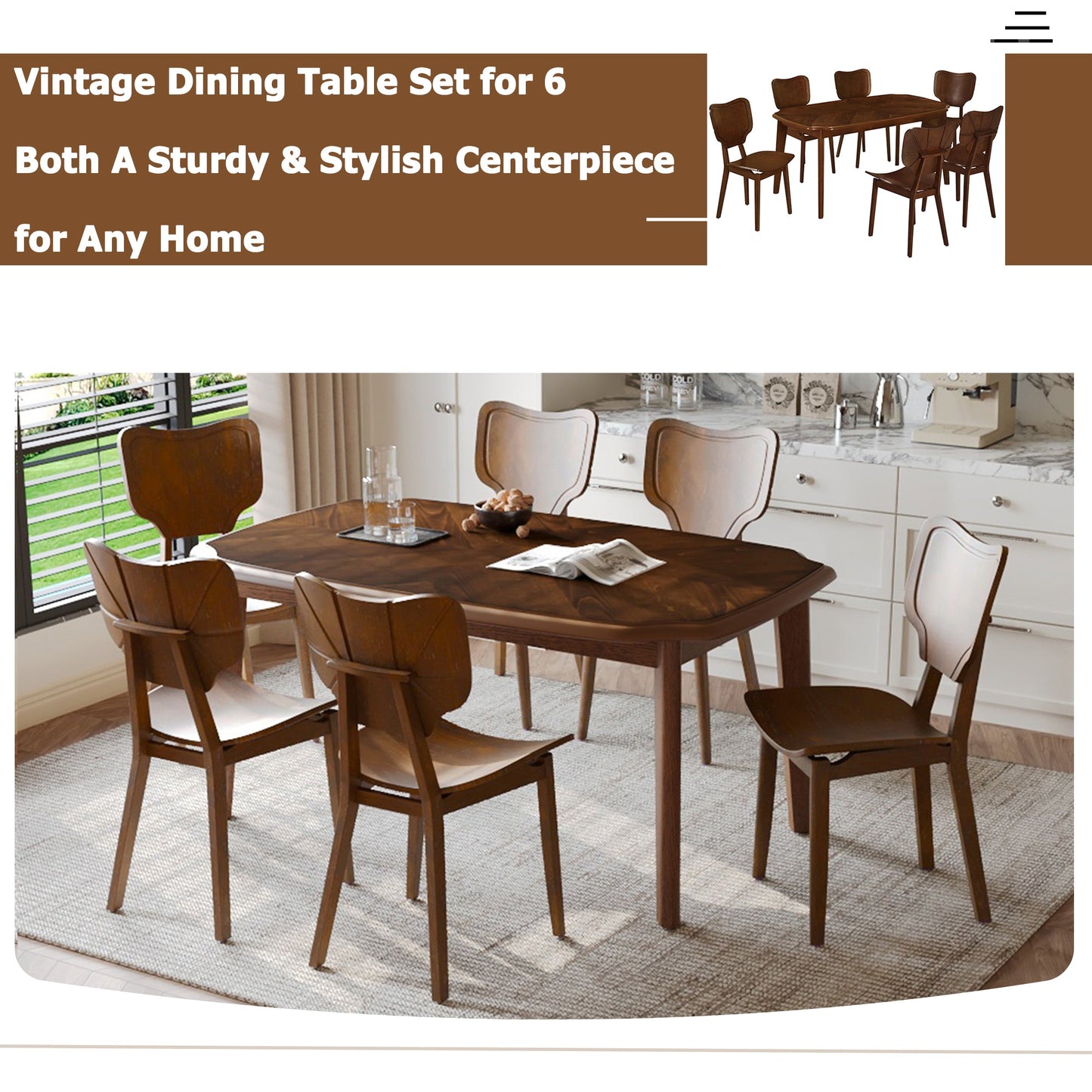 Vintage 7-Piece Dining Table Set with 6 Dining Chairs,Kitchen Table - Festival Furnish
