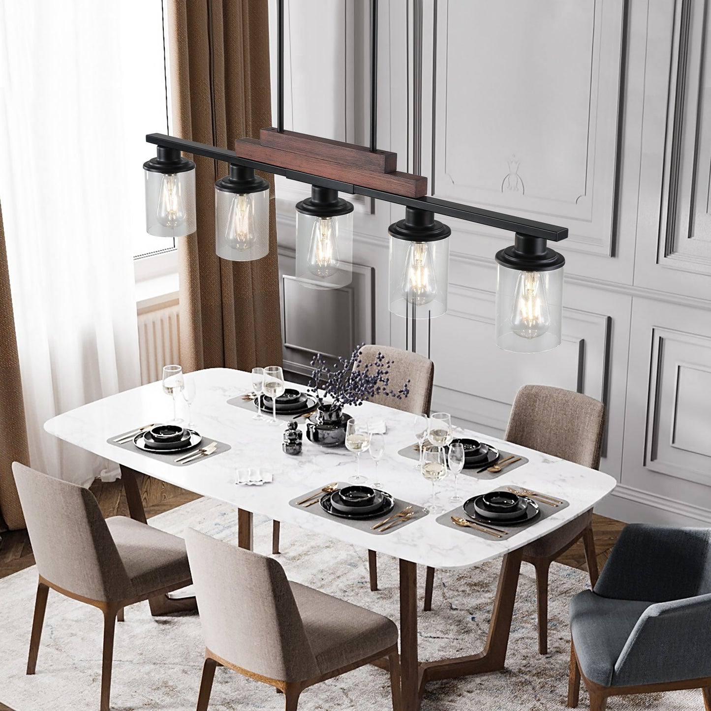 Farmhouse Industrial 5-Light Kitchen Island Pendant Light, Metal Wood - Festival Furnish
