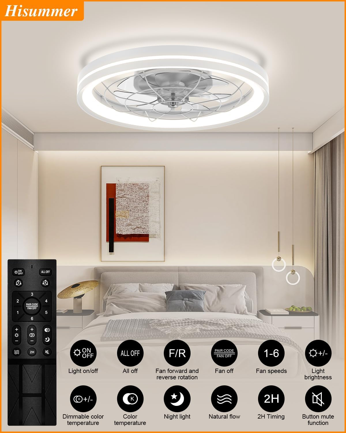 Low Profile Ceiling Fan with Light and Remote Bladeless Bedroom