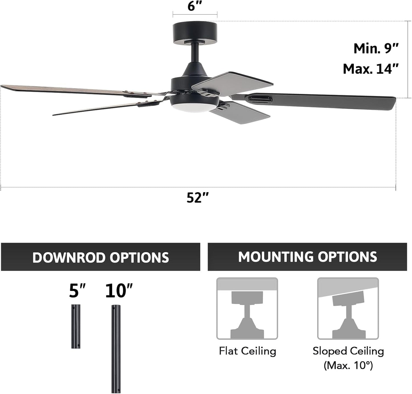 Ceiling Fans with Lights and Remote, 52" Ceiling Fan with 5 Blades,