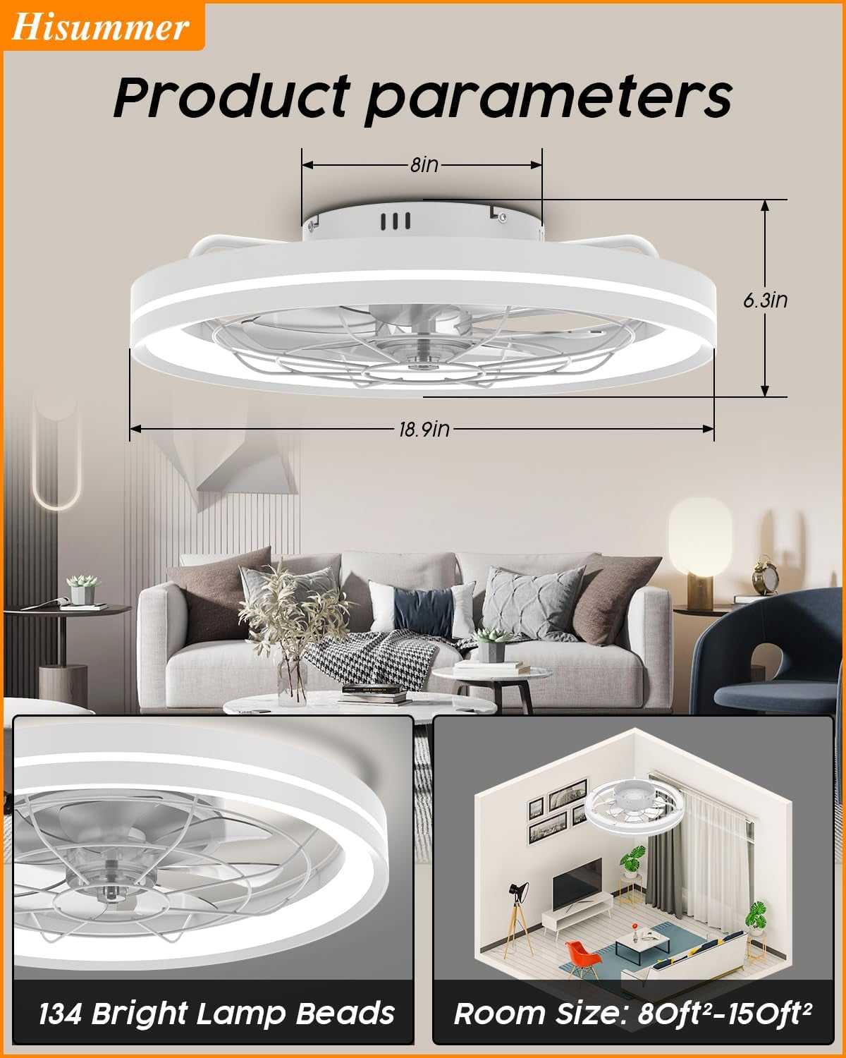 Low Profile Ceiling Fan with Light and Remote Bladeless Bedroom