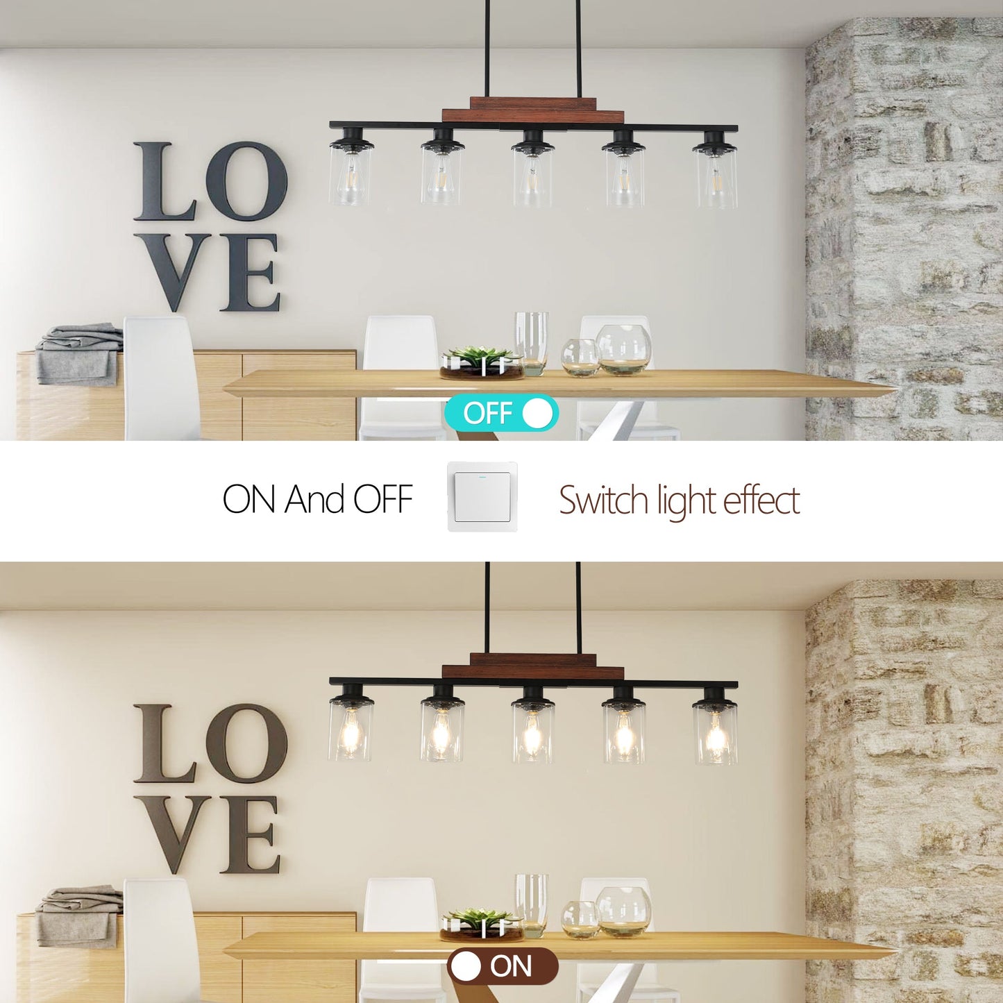 Farmhouse Industrial 5-Light Kitchen Island Pendant Light, Metal Wood - Festival Furnish