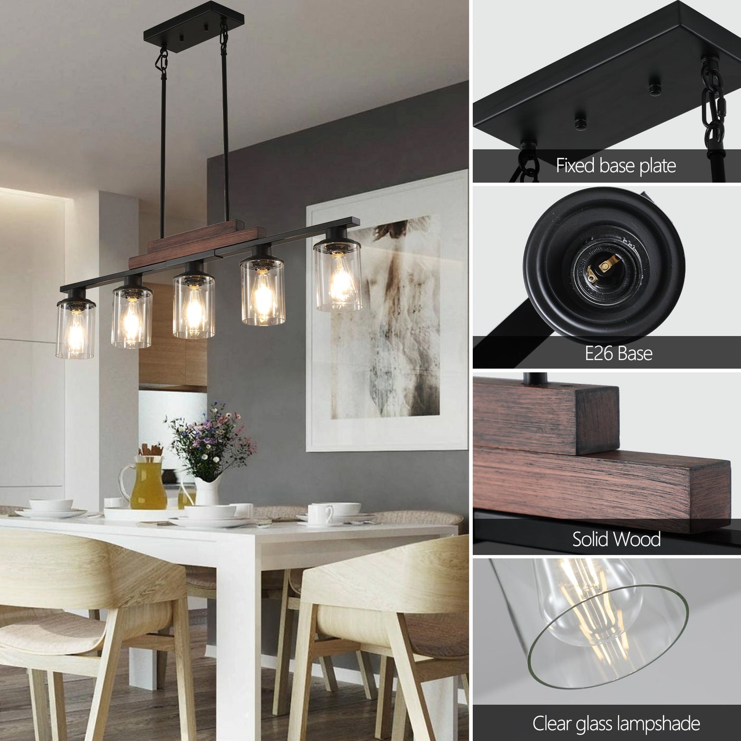 Farmhouse Industrial 5-Light Kitchen Island Pendant Light, Metal Wood - Festival Furnish
