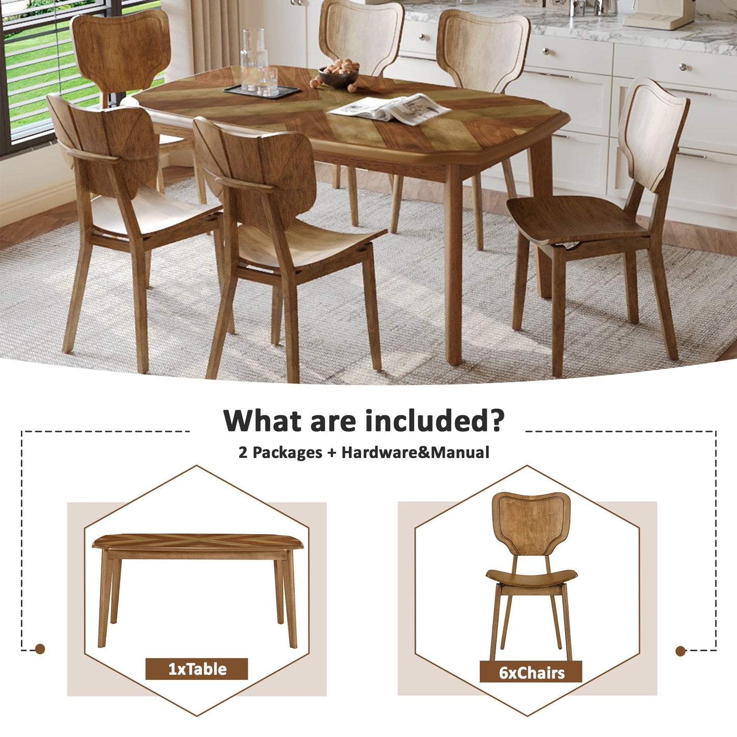 Vintage 7-Piece Dining Table Set with 6 Dining Chairs,Kitchen Table - Festival Furnish