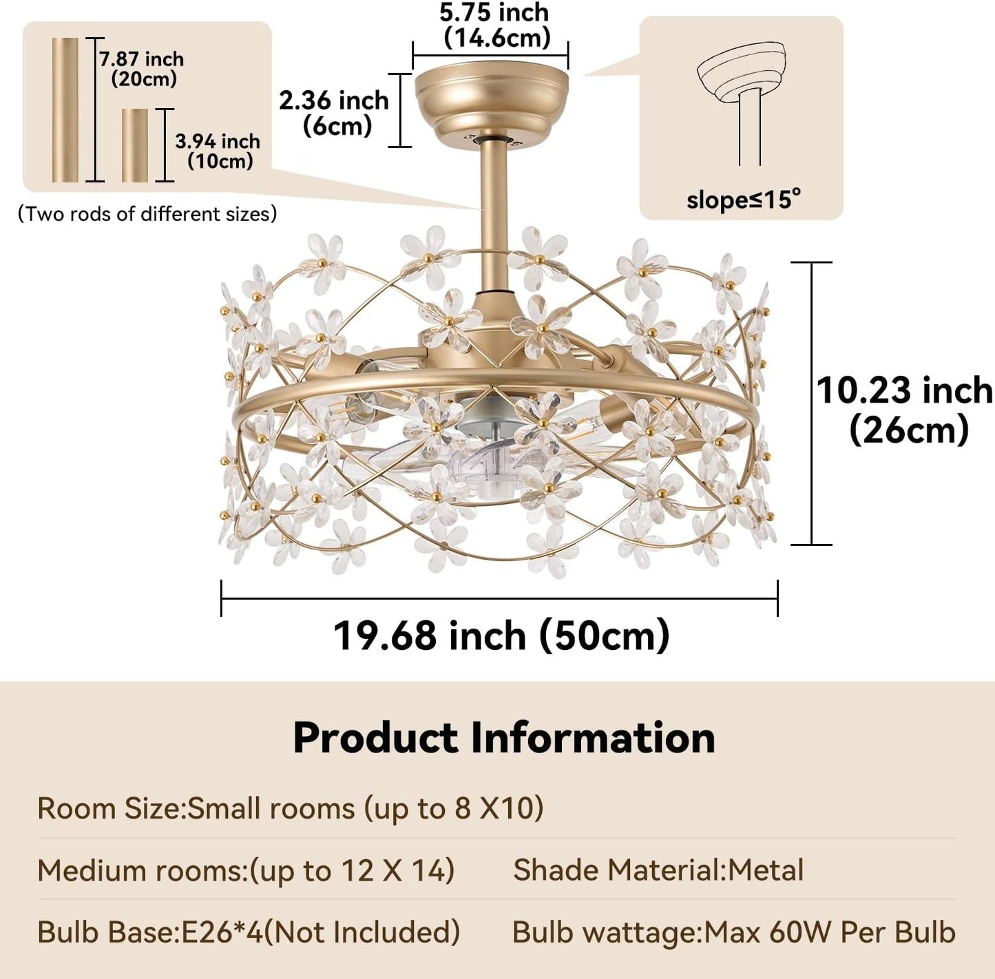 20 Inch Gold Caged Ceiling Fan with Light, Flower Chandelier Ceiling - Festival Furnish