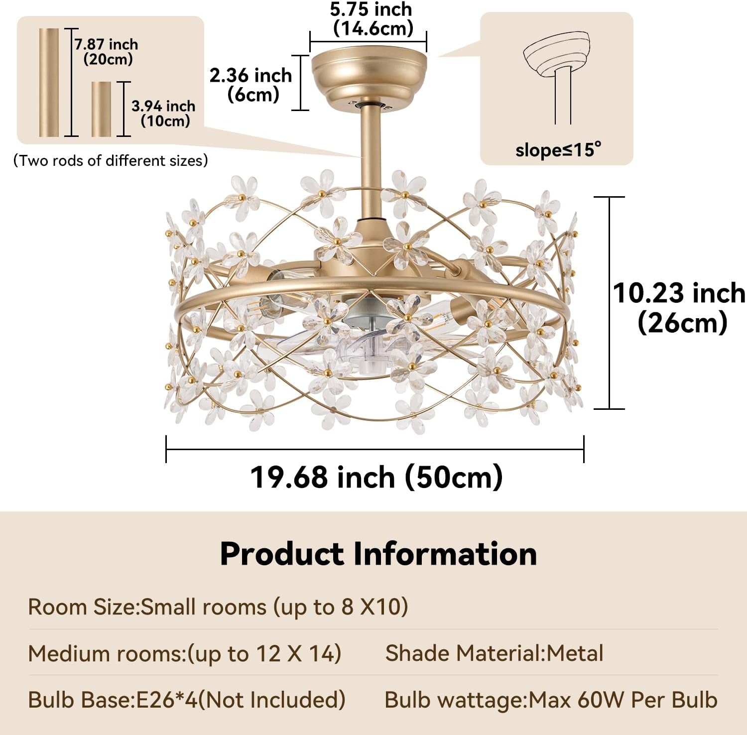20 Inch Gold Caged Ceiling Fan with Light, Flower Chandelier Ceiling - Festival Furnish