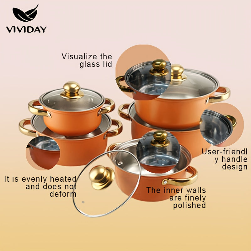 Elegant NonStick Cookware Set GoldHandled Soup Fry Milk Pans