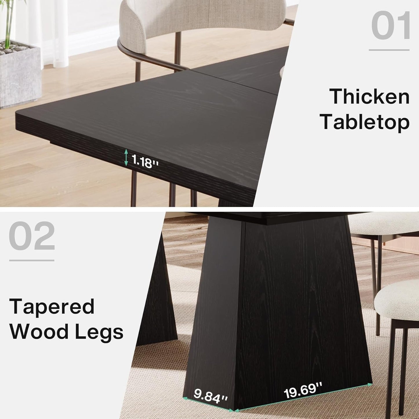 63-Inch Black Dining Table for 4-6, Modern Kitchen Table with Sturdy - Festival Furnish
