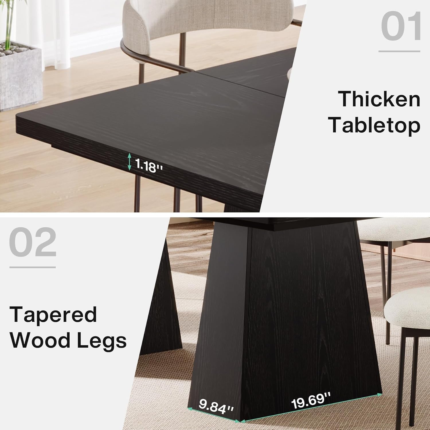 63-Inch Black Dining Table for 4-6, Modern Kitchen Table with Sturdy - Festival Furnish
