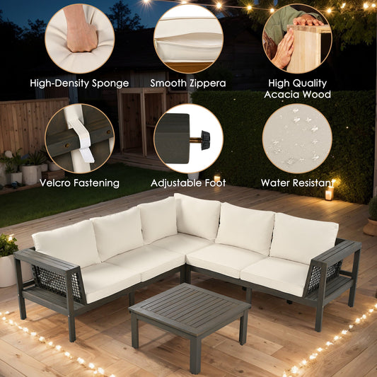 4 Pieces Outdoor Acacia Wood Sofa Set, Woven Mesh Armrests, L-Shaped - Festival Furnish