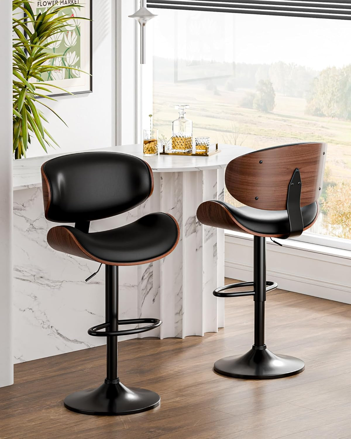 Bar Stools Set of 2, Adjustable Swivel Leather Bar Stools for Kitchen - Festival Furnish