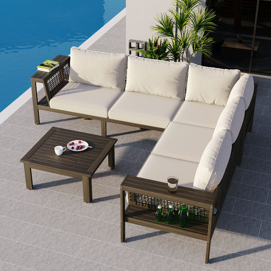 4 Pieces Outdoor Acacia Wood Sofa Set, Woven Mesh Armrests, L-Shaped - Festival Furnish