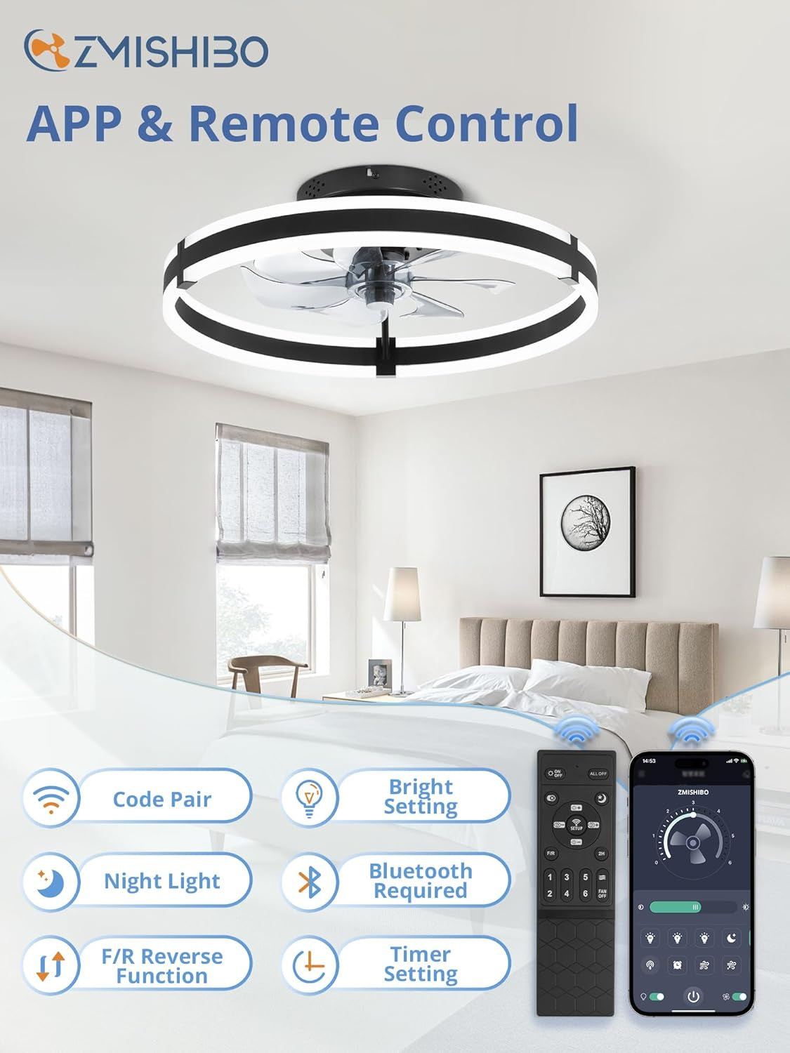 Ceiling Fans with Lights and Remote, 19.7'' Low Profile Ceiling Fans, - Festival Furnish