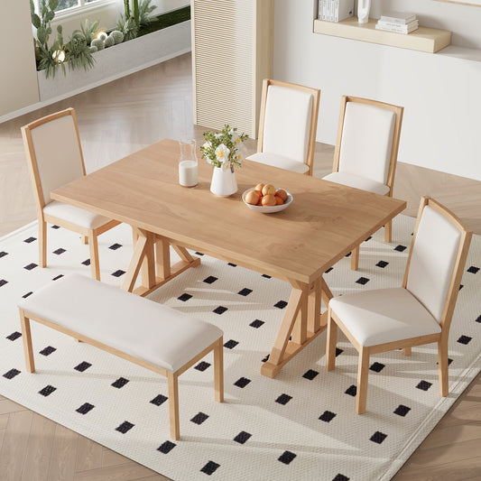 Farmhouse Classical 6-Piece Dining Table Set with Trestle Legs,Kitchen - Festival Furnish