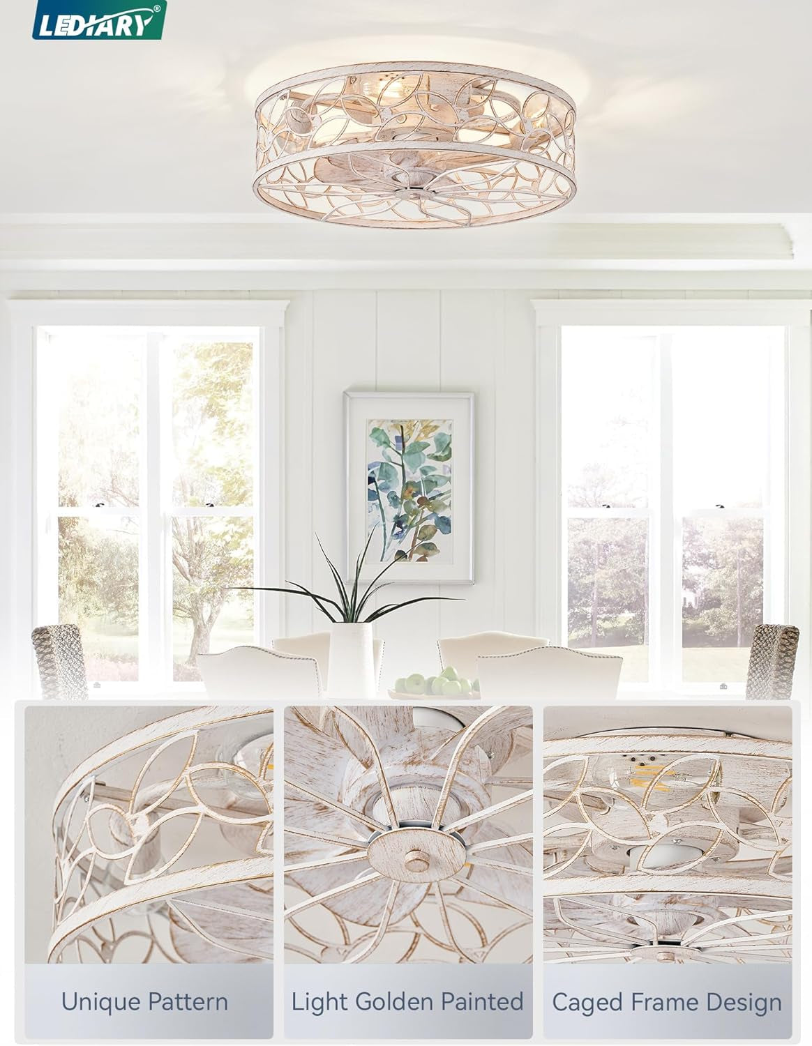 Caged Ceiling Fans with Lights, White Flush Mount Ceiling Fan with - Festival Furnish