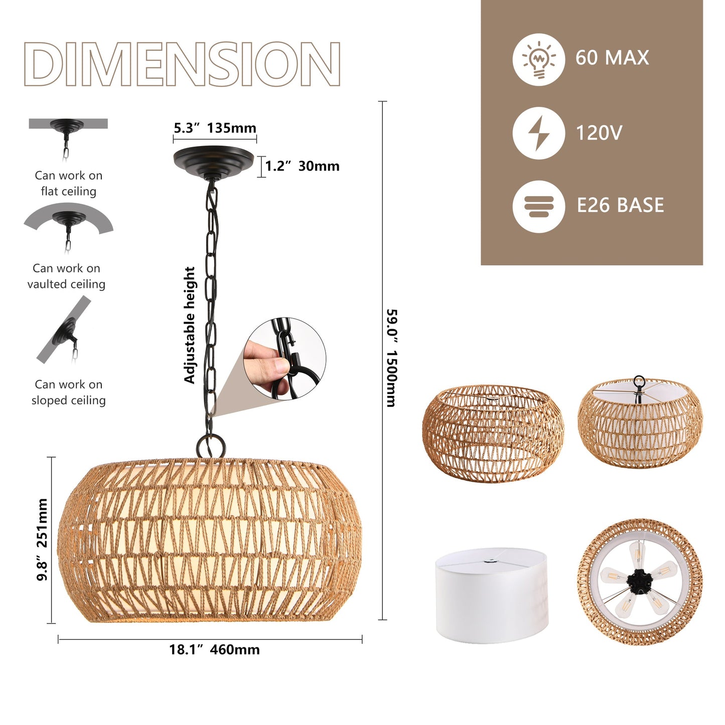 Farmhouse Pendant Light with Adjustable Height, Boho Woven Jute Rope