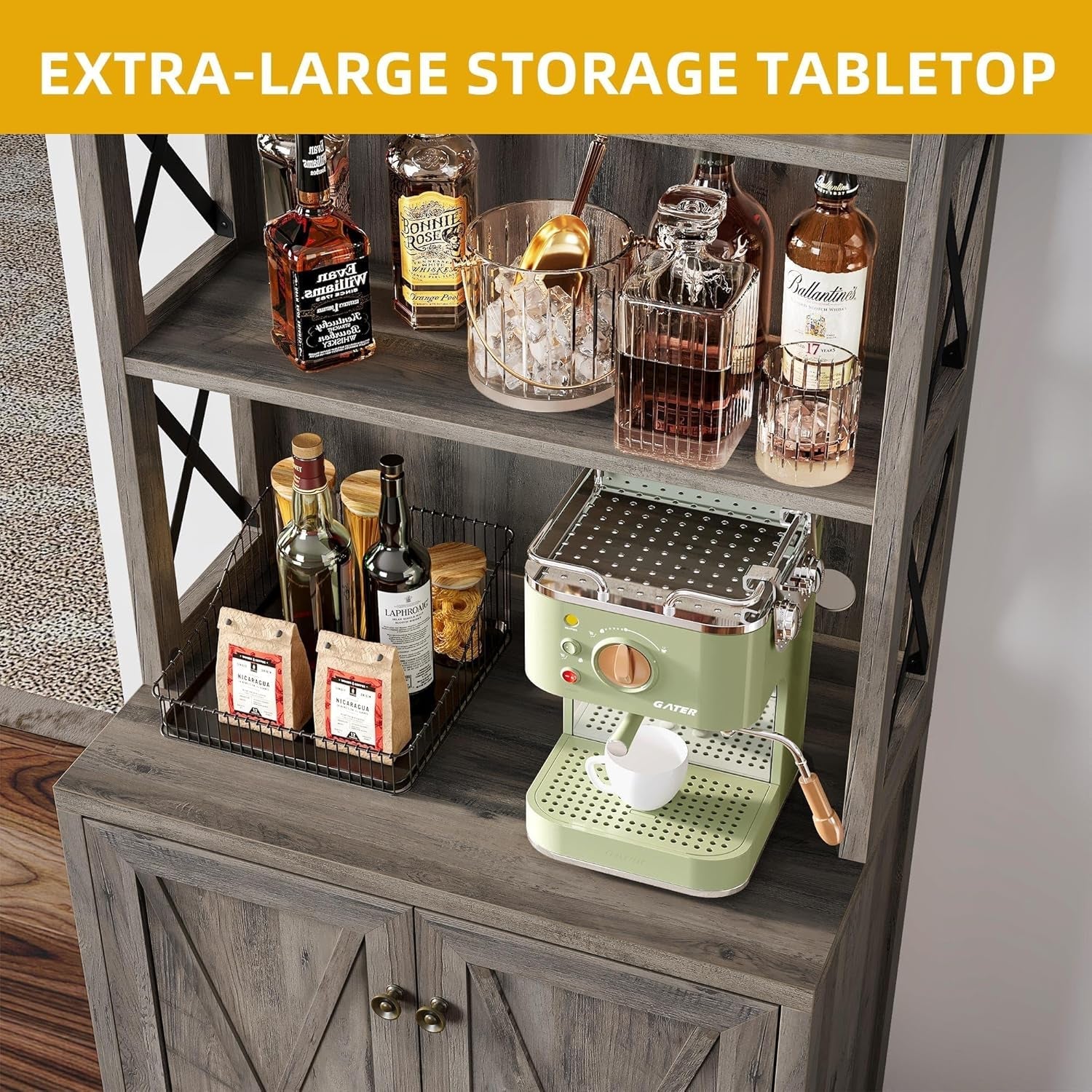 67" Tall Wine Bar Cabinet for Liquor and Glasses, Farmhouse Kitchen - Festival Furnish
