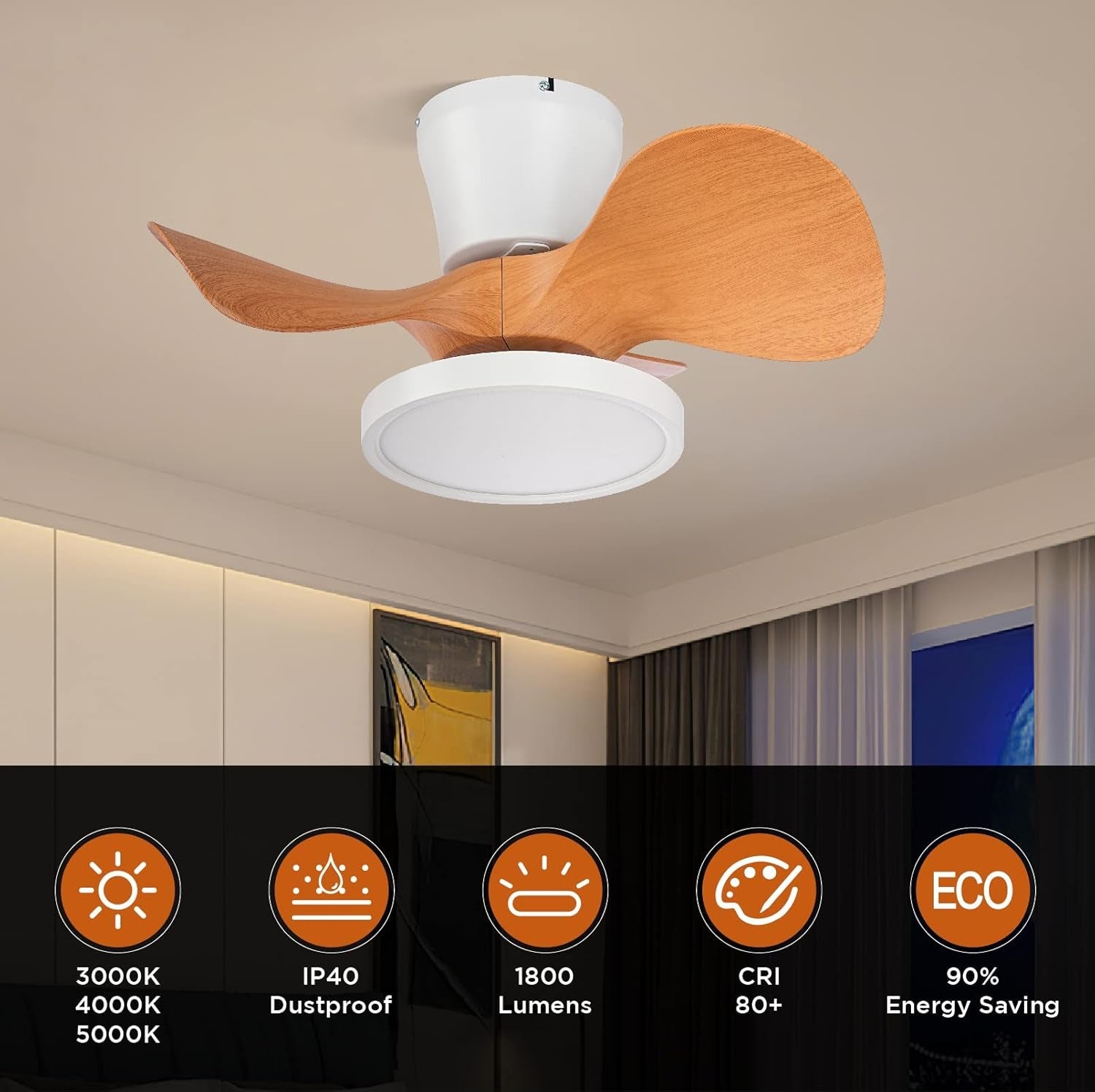 Quiet Ceiling Fan with LED Light 22 Inch Large Air Volume Remote - Festival Furnish