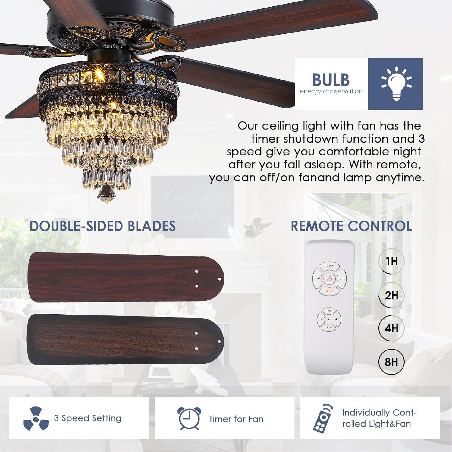 Crystal Ceiling Fan Fandelier with Lights - Modern Outdoor Fans with - Festival Furnish