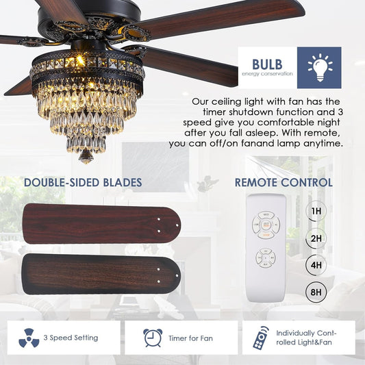 Crystal Ceiling Fan Fandelier with Lights - Modern Outdoor Fans with - Festival Furnish