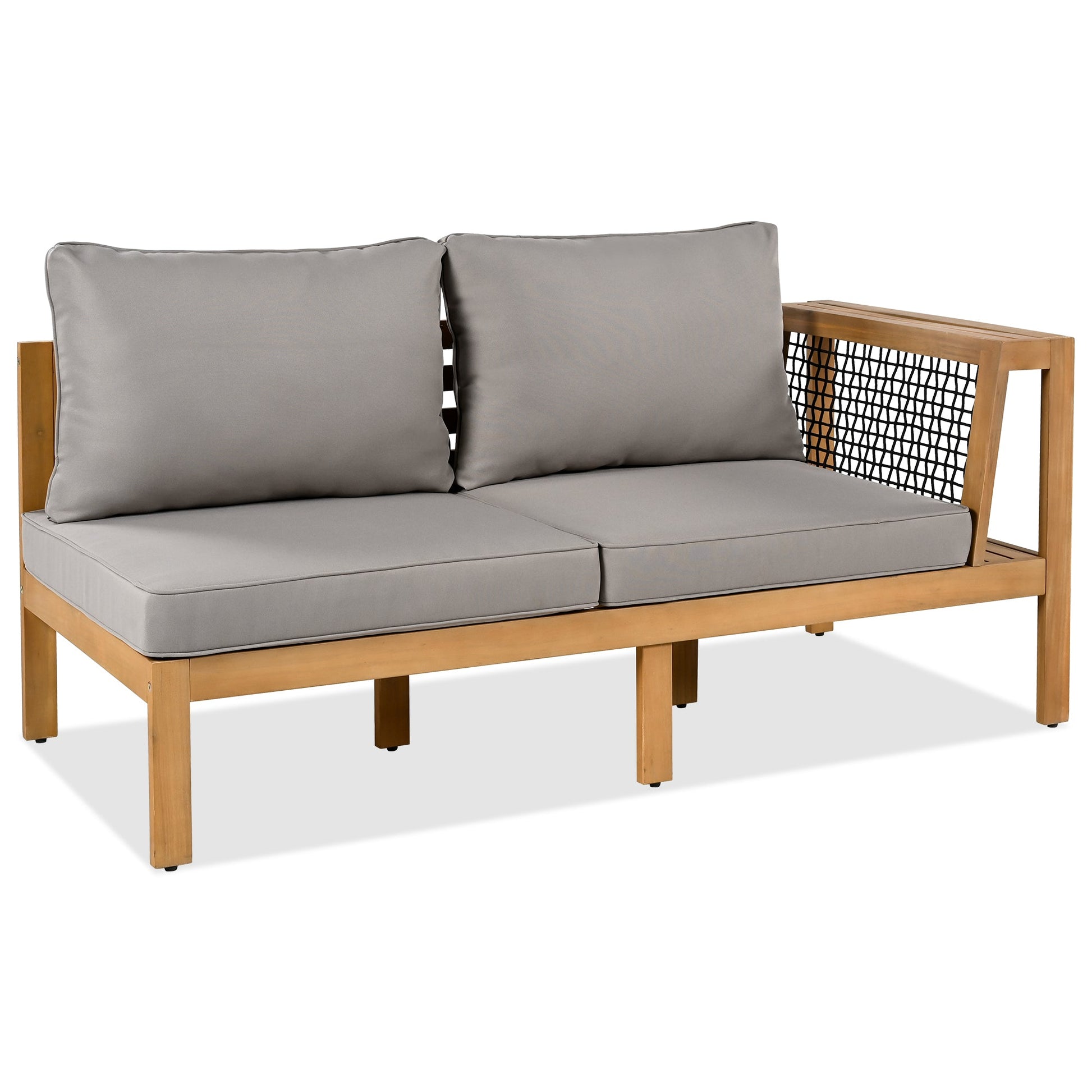4 Pieces Outdoor Acacia Wood Sofa Set, Woven Mesh Armrests, L-Shaped - Festival Furnish