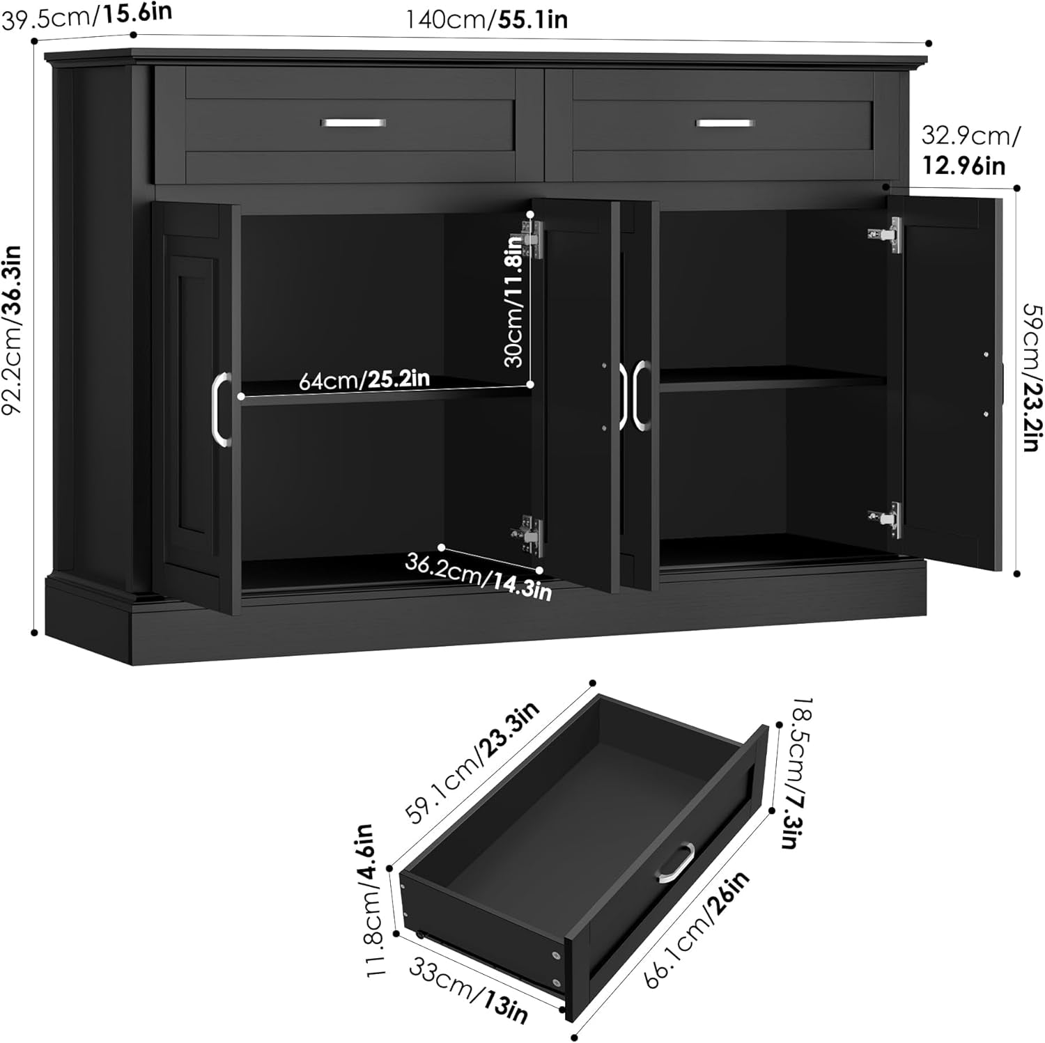Sideboard Buffet Cabinet with Storage, 55.1" Large Kitchen Storage - Festival Furnish